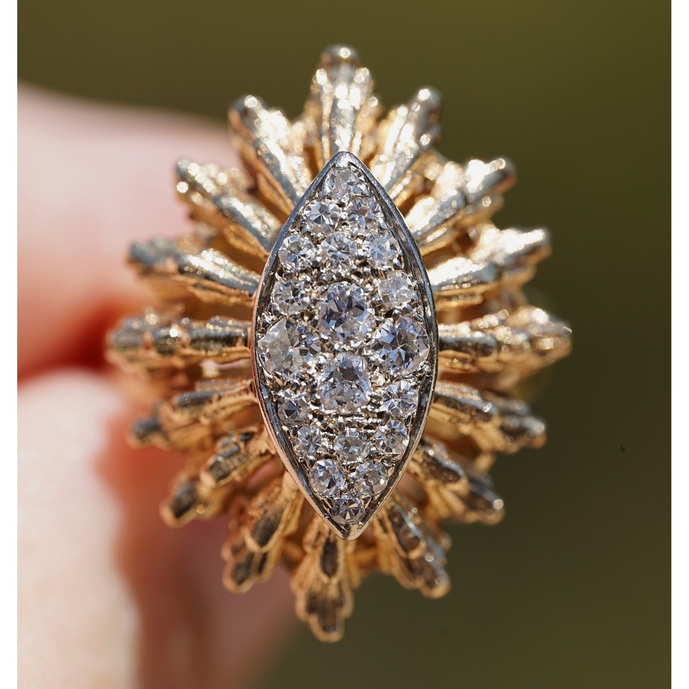 Vintage 14k Solid Yellow Gold Natural Diamond Cluster Sun Ring - Size 6.25 7.59g